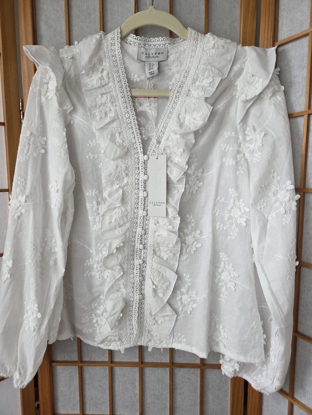 NWT WOMENS CALYPSO ST BARTH 3D CROCHETED FLOWERS WHITE 100% COTTO BLOUSE SMALL